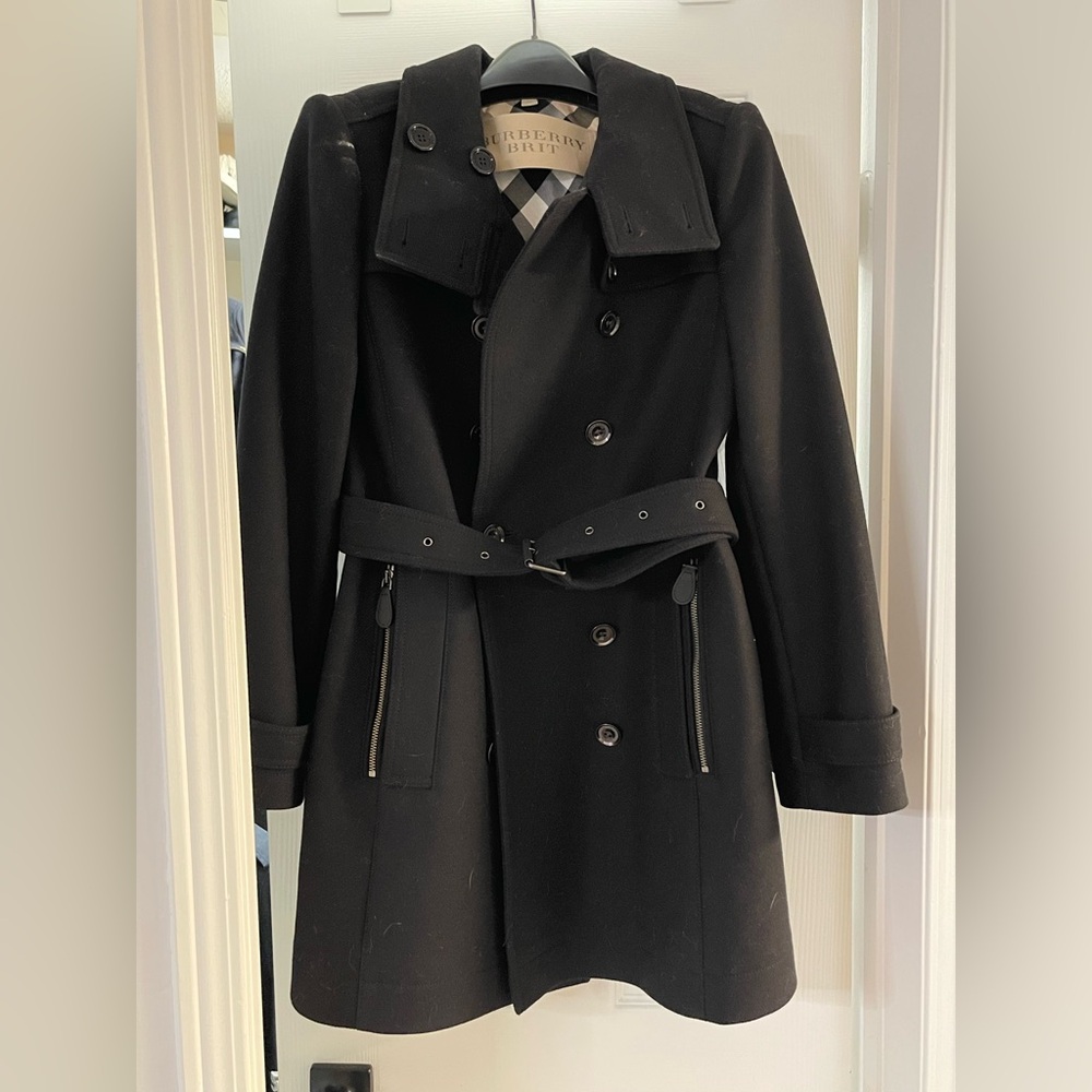Burberry Black Fitted Trench Coat Wool